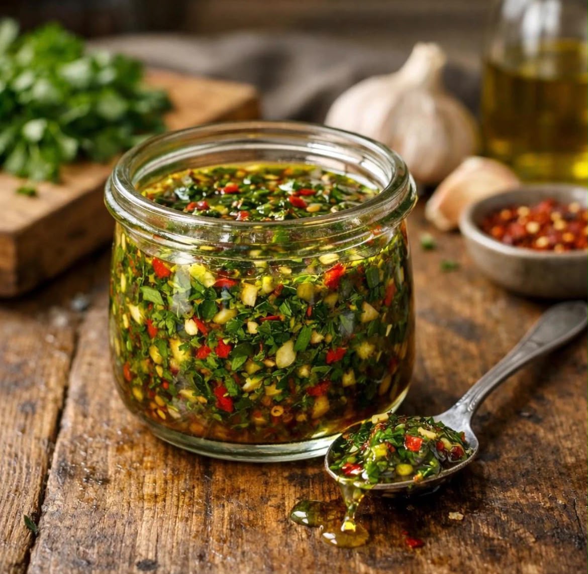 Pote de vidro com molho chimichurri artesanal de ervas, alho e temperos