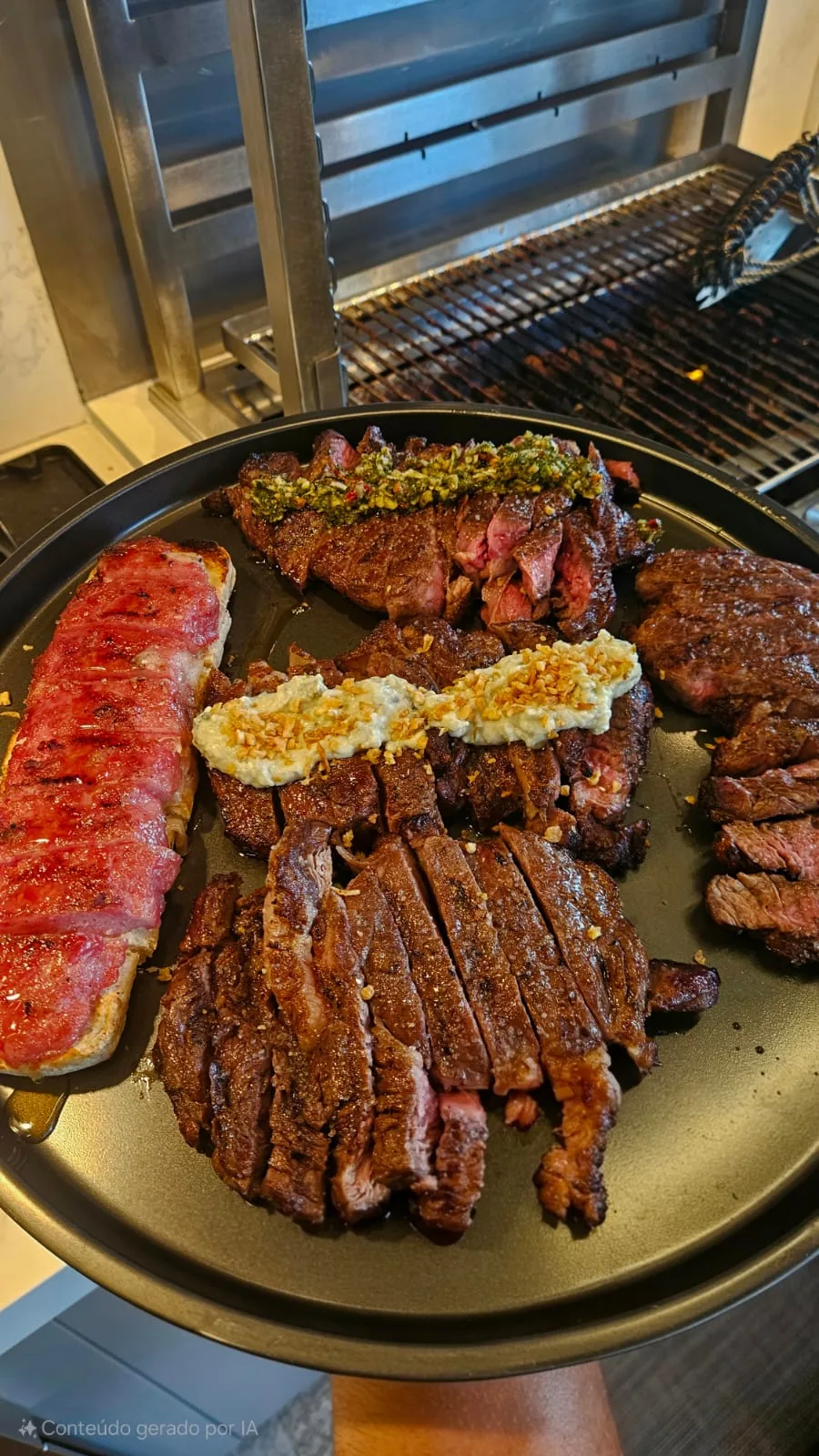 Cortes de carne grelhada com acompanhamentos